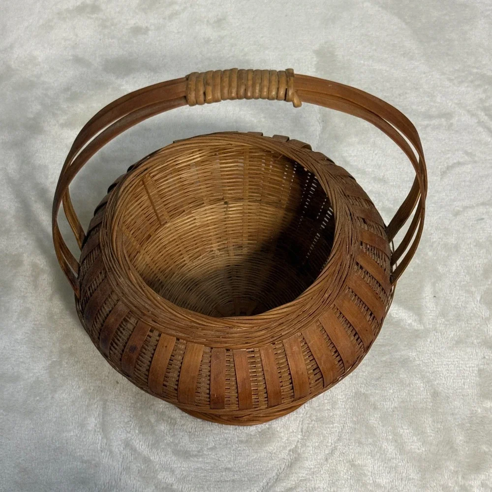 Vintage Small Brown Woven Basket with Handle Round Bulbous Rustic Farmhouse 90s